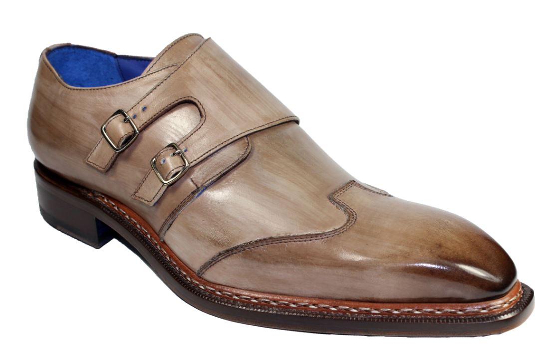 Emilio Franco "Baldo" Taupe Burnished Calfskin Double Monk Strap Shoes.